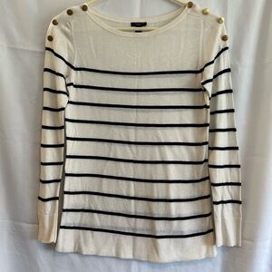 Ann Taylor Petite White and Blue Striped Sweater